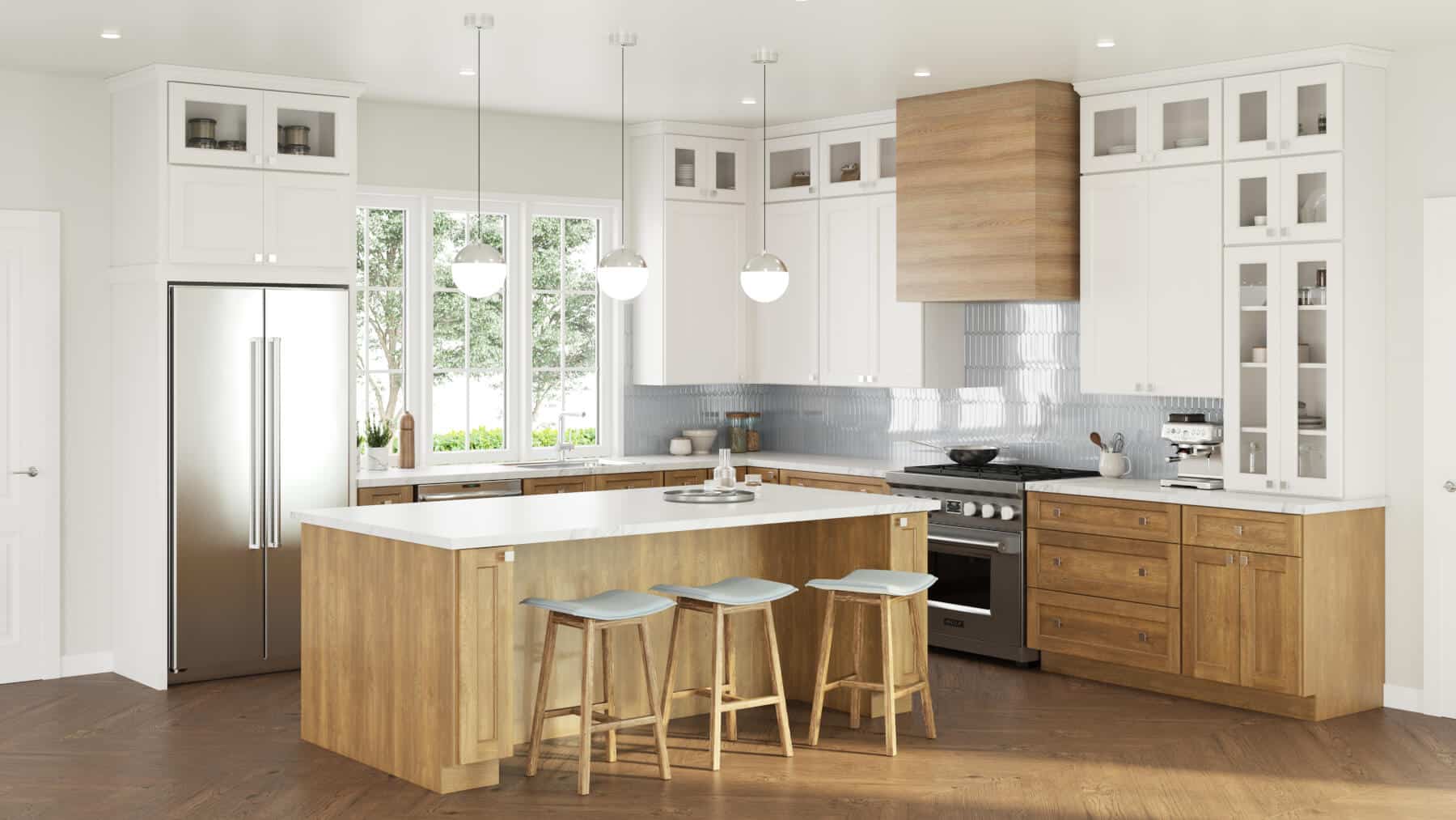 Kitchen with white and warm wood cabinets